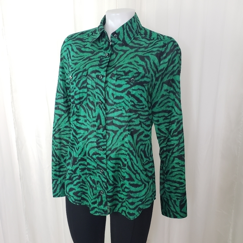 Michael Michael Kors 100% cotton green and black zebra print button down shirt S